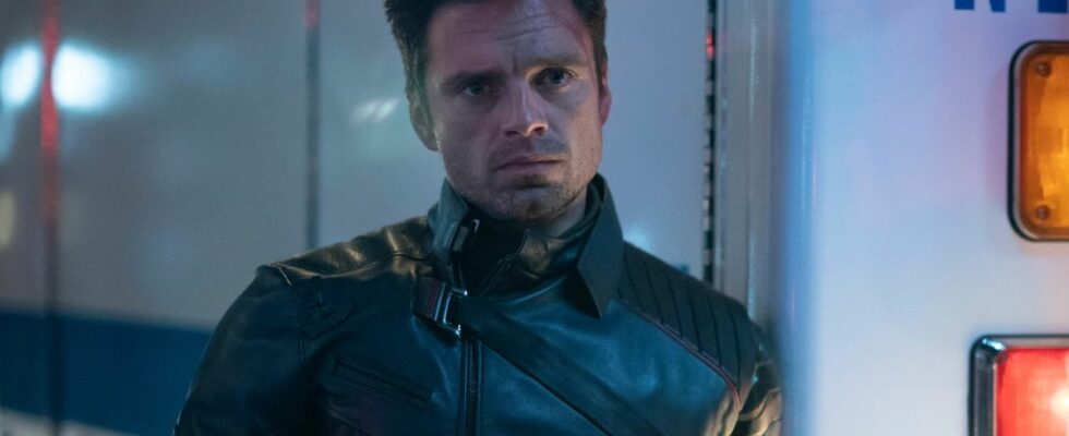 Sebastian Stan leaning against an ambulance with a look of concern in The Falcon and the Winter Soldier.