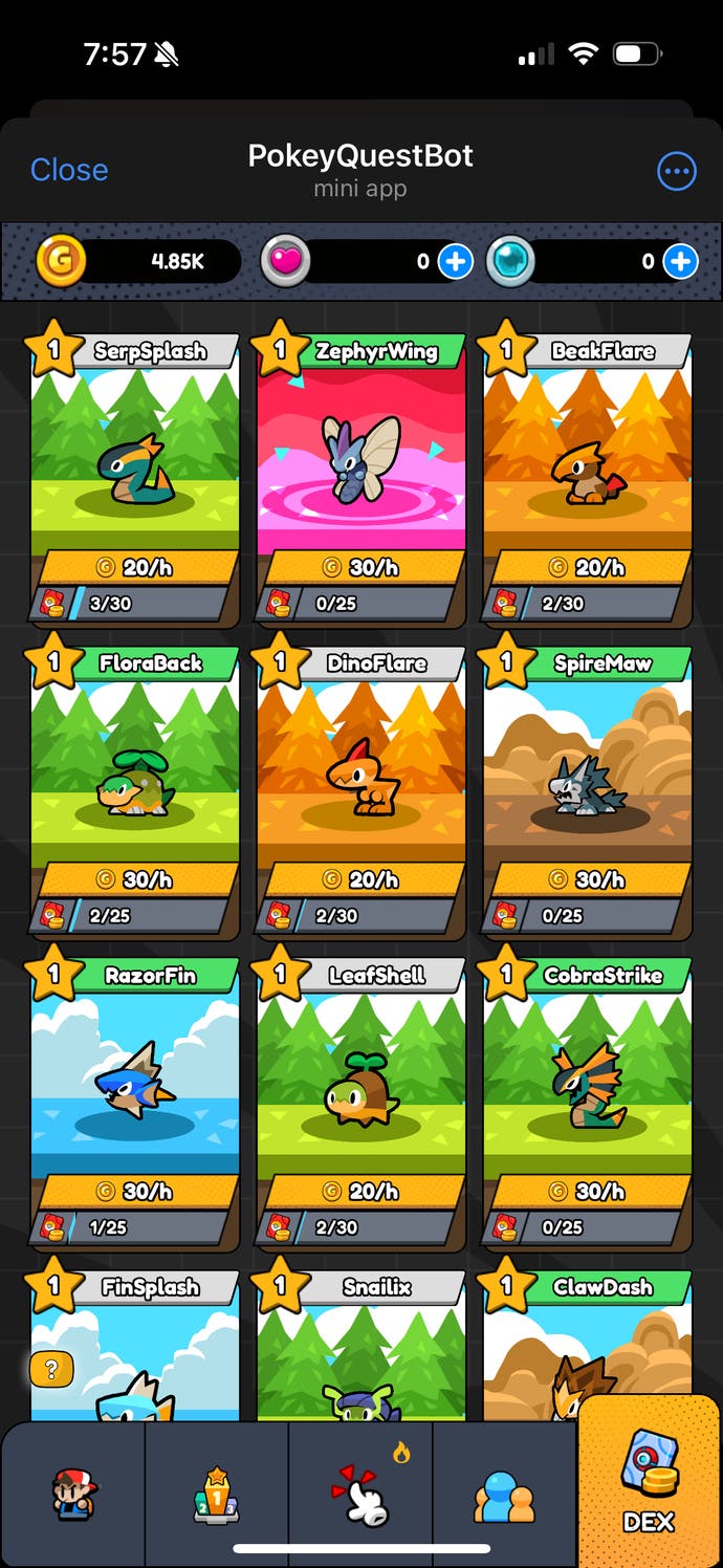 Une capture d'écran de Pokey Quest, montrant une liste de monstres.