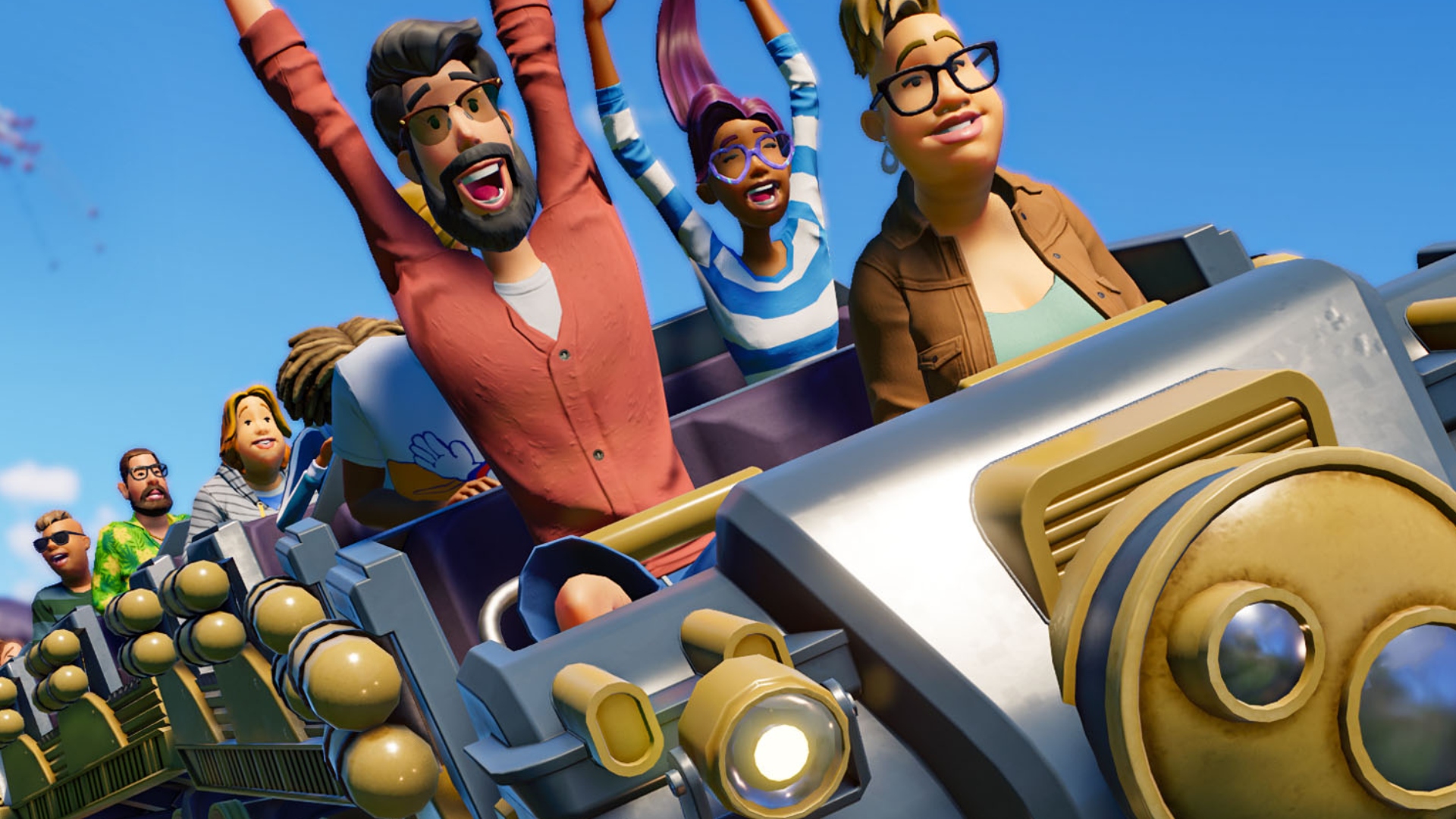 Jeu de stratégie Planet Coaster Steam : des gens applaudissent les montagnes russes dans le jeu de stratégie Planet Coaster 2