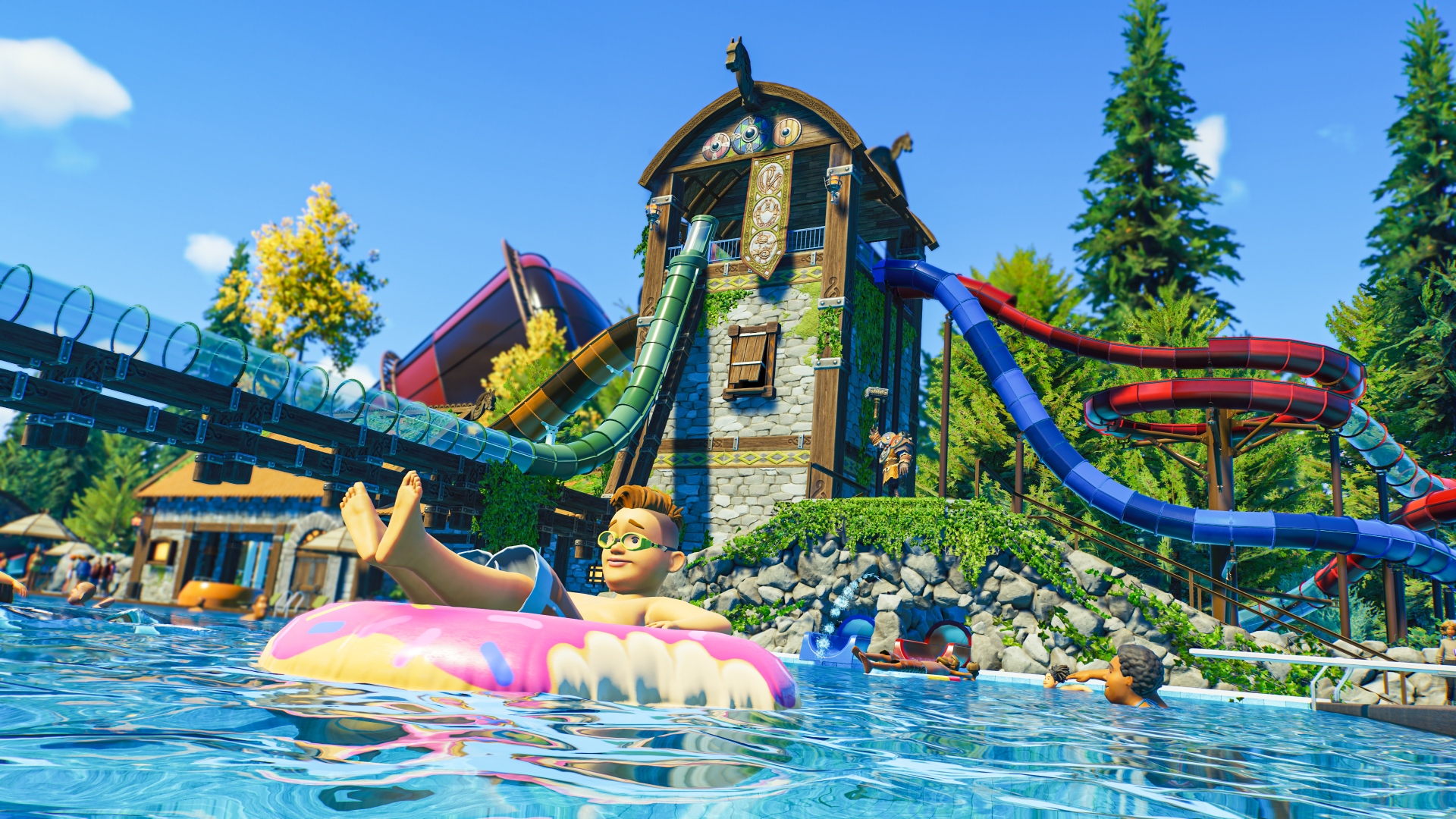 Jeu de stratégie Steam Planet Coaster 2 : Un client sur un anneau d'eau dans le jeu de stratégie Planet Coaster 2