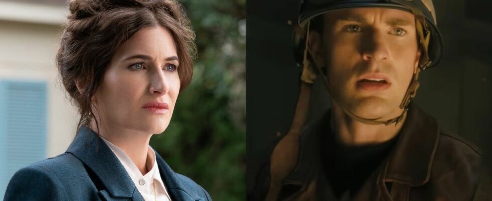 Agatha Harkness (Kathryn Hahn) looks at Westview in Agatha All Along, while Steve Rogers (Chris Evans) watches the Red Skull reveal himself in Captain America: The First Avenger