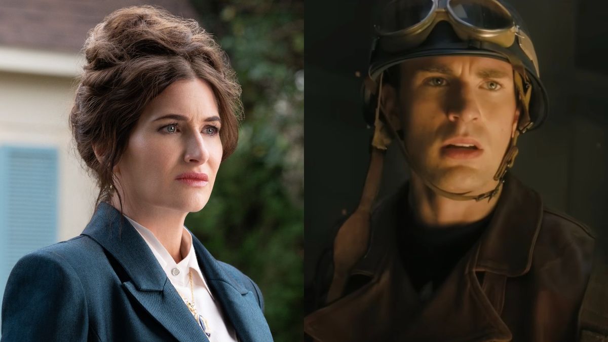 Agatha Harkness (Kathryn Hahn) looks at Westview in Agatha All Along, while Steve Rogers (Chris Evans) watches the Red Skull reveal himself in Captain America: The First Avenger