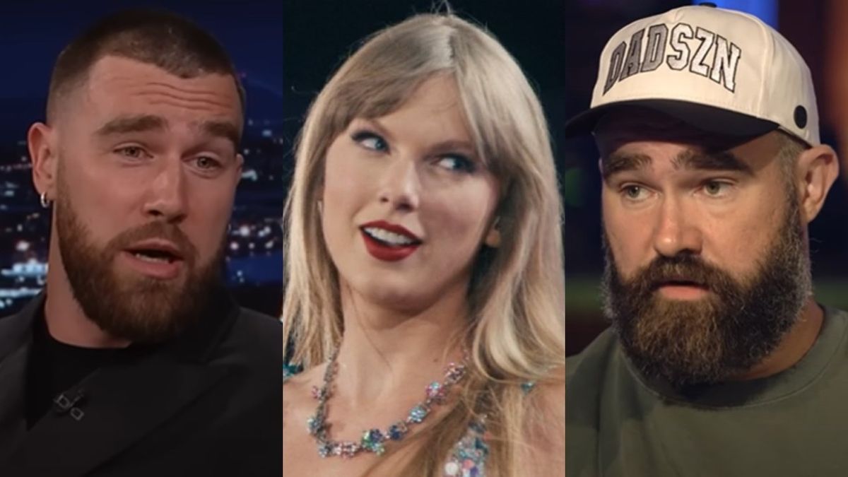 From left to right: Travis Kelce on The Tonight Show, Taylor Swift during The Eras Tour and Jason Kelce on The Pivot podcast.