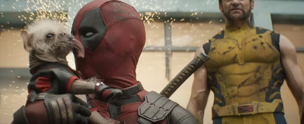 Wade Wilson gets licked by Dogpool as Logan watches in Deadpool &amp; Wolverine