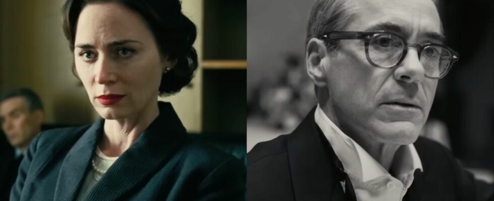 Pictures of Emily Blunt and Robert Downey Jr.'s Oppenheimer characters side by side