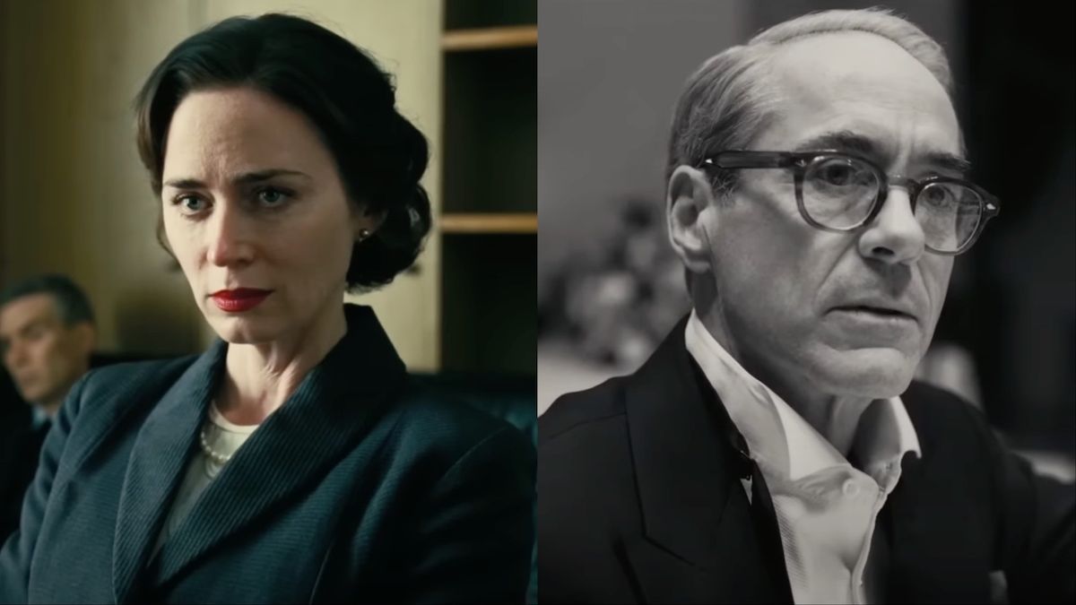 Pictures of Emily Blunt and Robert Downey Jr.&#039;s Oppenheimer characters side by side