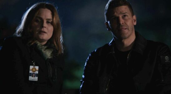 From left to right: Brennan looking down and Booth looking up on Bones.