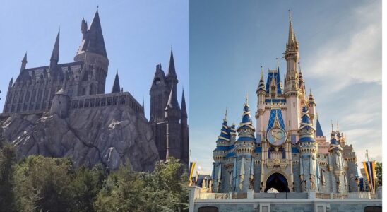 Hogwarts Castle at Universal's Islands of ADventure/ Cinderella's Castle at Disney World's Magic Kingdom