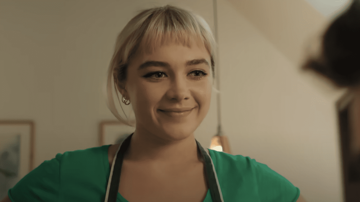 Almut (Florence Pugh) smiles in We Live In Time