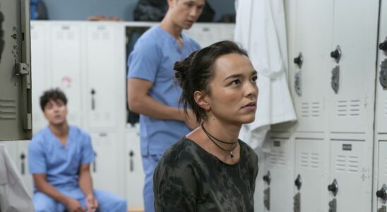 Mika Yasuda (Midori Francis) is shown on Grey's Anatomy with Lucas Adams and Blue Kwan in the background.