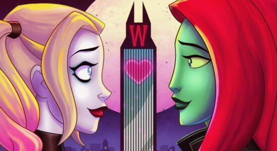 Harley Quinn and Poison Ivy locked eye contact as a heart lights up Wayne Tower in Harley Quinn's Valentine's Day special