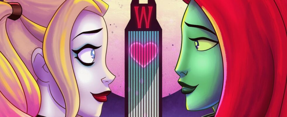 Harley Quinn and Poison Ivy locked eye contact as a heart lights up Wayne Tower in Harley Quinn's Valentine's Day special