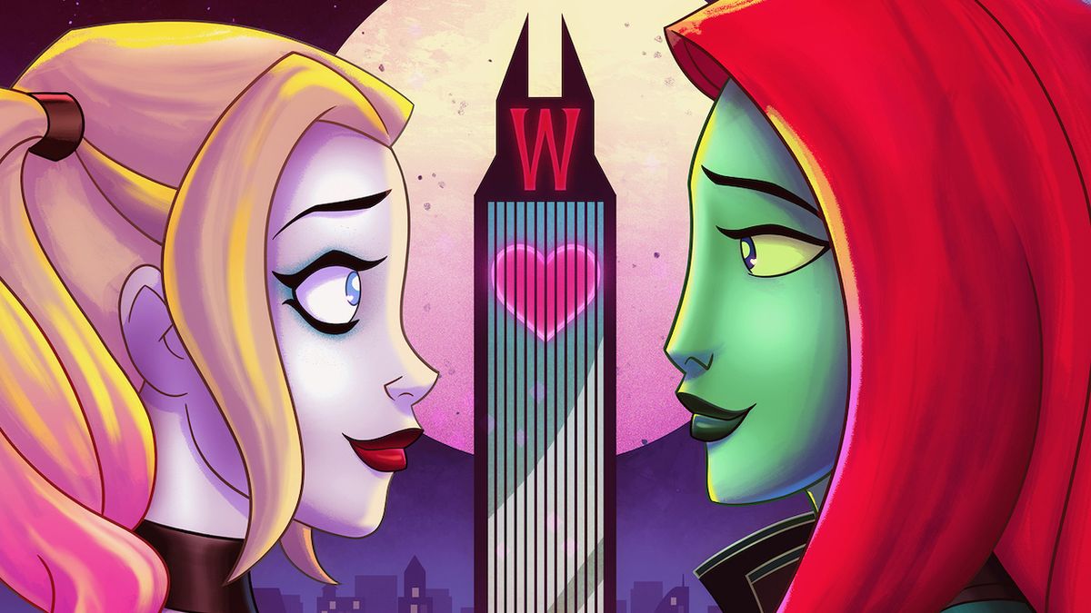 Harley Quinn and Poison Ivy locked eye contact as a heart lights up Wayne Tower in Harley Quinn&#039;s Valentine&#039;s Day special