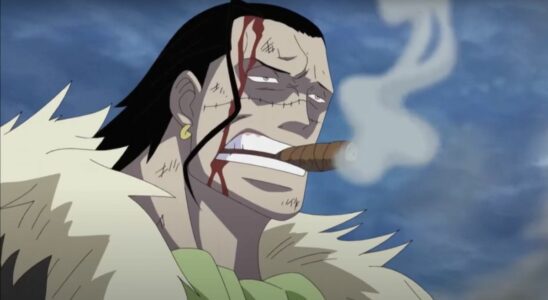 Crocodile smoking cigar while looking at Mihawk during One Piece's Marineford arc