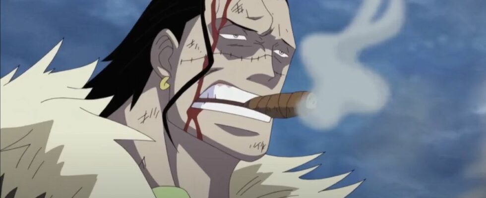 Crocodile smoking cigar while looking at Mihawk during One Piece's Marineford arc