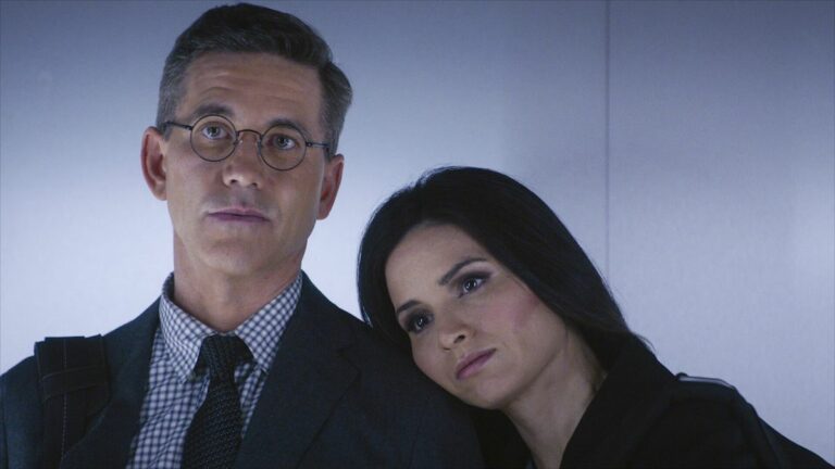 Katrina Law leaning her head on Brian Dietzen's shoulder in NCIS elevator