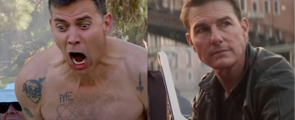 Steve-O screaming in Jackass Forever/Tom Cruise sitting on a boat in Mission: impossible - Dead reckoning Part One