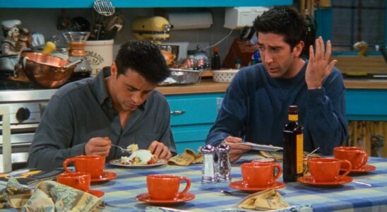 Joey (Matt LeBlanc) and Ross (David Schwimmer) eat Rachel's Thanksgiving trifle on Friends' Season 6 &quot;The One Where Ross Got High.&quot;