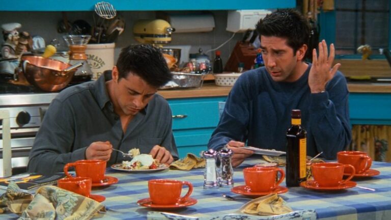 Joey (Matt LeBlanc) and Ross (David Schwimmer) eat Rachel's Thanksgiving trifle on Friends' Season 6 &quot;The One Where Ross Got High.&quot;