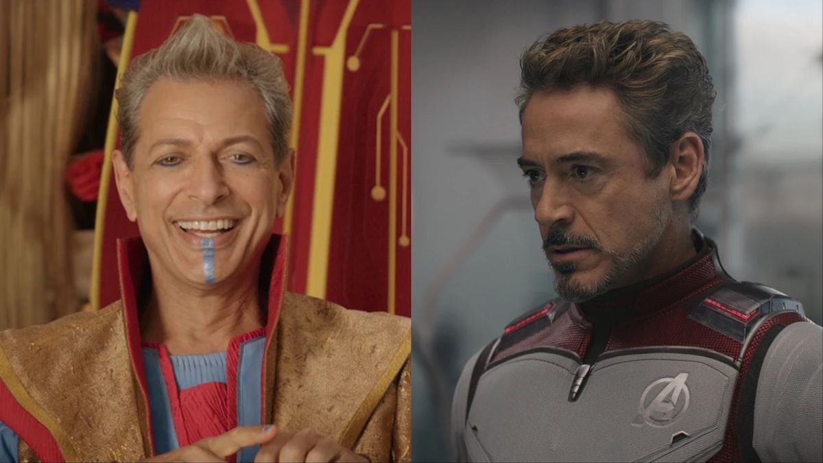 Jeff Goldblum as Grandmaster in Thor: Ragnarok, and Robert Downey Jr. as Tony Stark in Avengers: Endgame