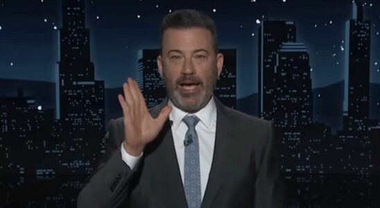 Jimmy Kimmel holding his hand up during monologue on Jimmy Kimmel Live!