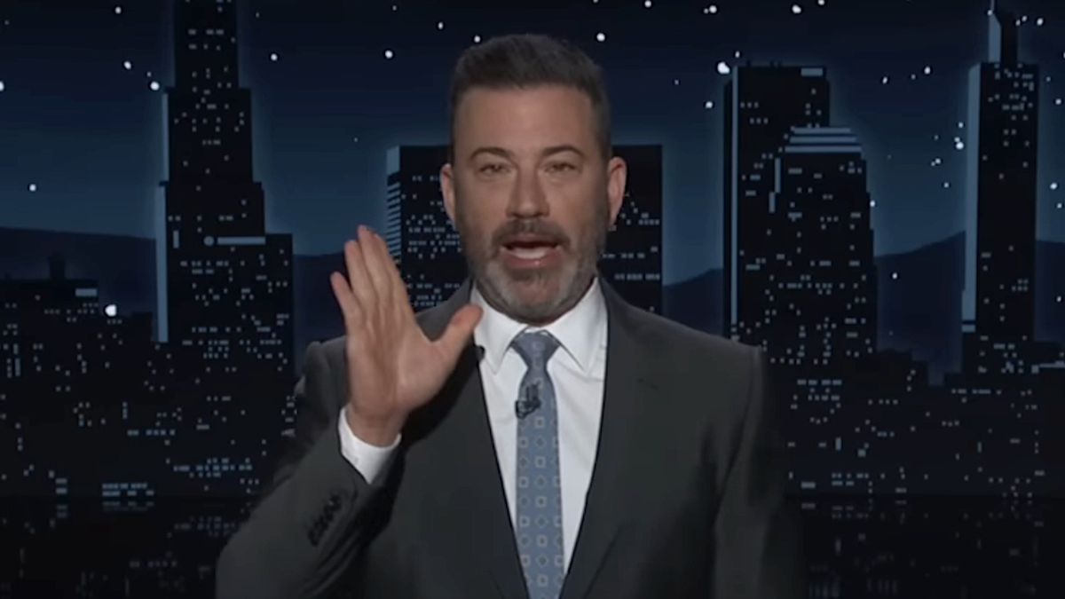 Jimmy Kimmel holding his hand up during monologue on Jimmy Kimmel Live!