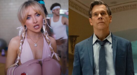 Sabrina Carpenter is shown in her &quot;Feathers&quot; music video and Kevin Bacon is shown in a scene from Beverly Hills Cop: Axle F.