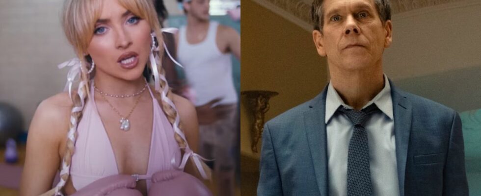 Sabrina Carpenter is shown in her &quot;Feathers&quot; music video and Kevin Bacon is shown in a scene from Beverly Hills Cop: Axle F.