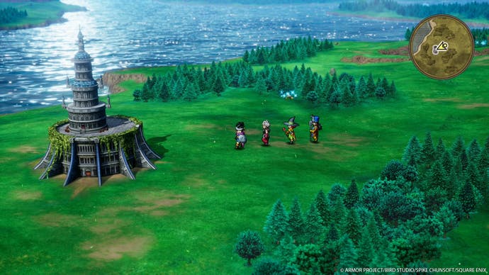 Capture d'écran du remake HD-2D de Dragon Quest 3 montrant la carte du monde alors que les personnages s'approchent d'une tour dans une zone herbeuse