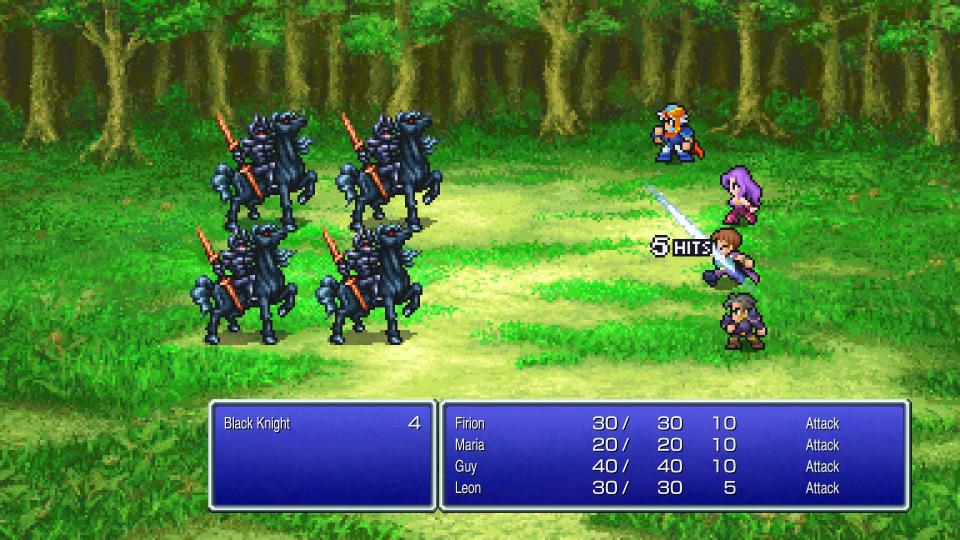 Gameplay toujours du Final Fantasy Pixel Remaster. Un groupe de quatre héros affronte quatre méchants chevaliers noirs. Les points de vie sont affichés sous la bataille.