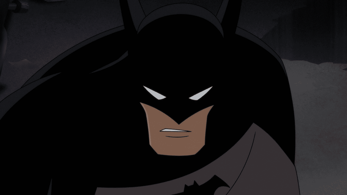 Close-up of Batman&#039;s face in Batman: Caped Crusader