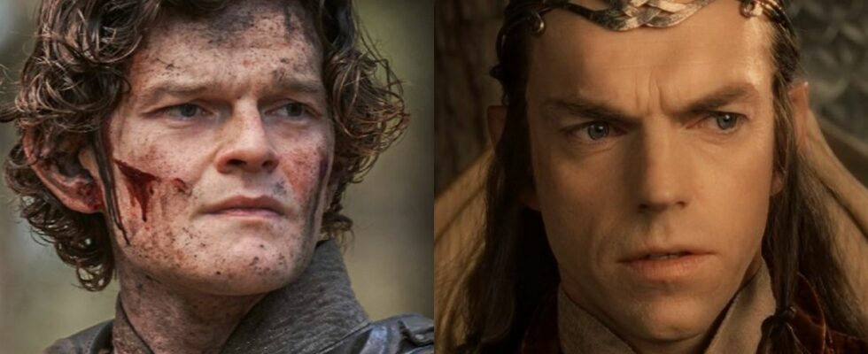 From left to right: Robert Aramayo as Elrond in Rings of Power and Hugo Weaving as Elrond in Fellowship of the Ring.