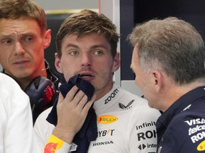 Le pilote Red Bull Max Verstappen des Pays-Bas, au centre, discute avec le directeur de l'équipe Christian Horner, à droite, lors de la deuxième séance d'essais du Grand Prix de Formule 1 de Singapour sur le circuit urbain de Marina Bay, à Singapour, le vendredi 20 septembre 2024.