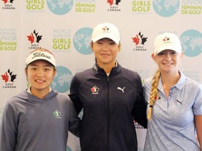 De gauche à droite, Nobelle Park, Shauna Liu et Lindsay McGrath photographiées aux Championnats du monde juniors de golf féminin, le lundi 16 septembre 2024. Golf Canada s'est fixé un objectif ambitieux : avoir 30 golfeuses professionnelles aux plus hauts niveaux du sport d'ici 2032. Le Championnat du monde junior de golf féminin est une partie importante de cet objectif.LA PRESSE CANADIENNE/HO Golf Canada