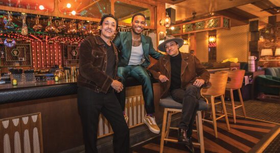 Anderson .Paak flanked by Mark Houston (left) and Jonnie Houston, founding partners of Andy’s, serving sick beats and craft cocktails.