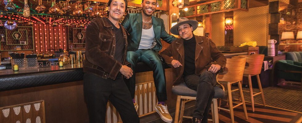 Anderson .Paak flanked by Mark Houston (left) and Jonnie Houston, founding partners of Andy’s, serving sick beats and craft cocktails.