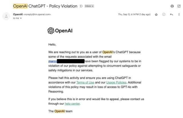 Un e-mail d'avertissement OpenAI reçu par un utilisateur après avoir interrogé o1-preview sur ses processus de raisonnement.