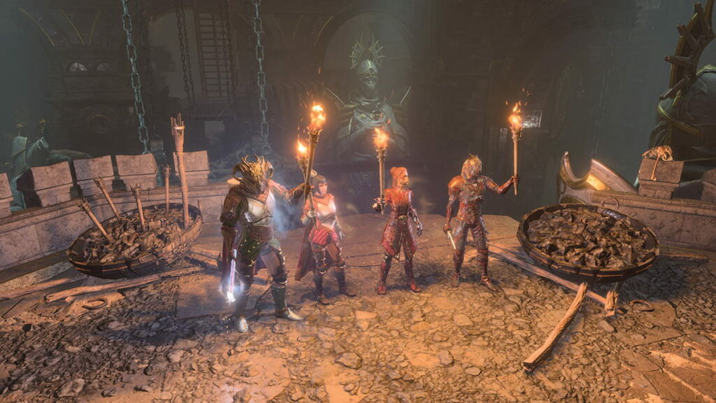 Image du groupe de personnages utilisant des torches dans l'Underdark dans Baldur's Gate 3.