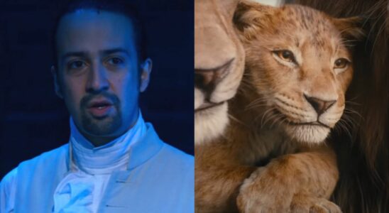 Lin-Manuel Miranda on stage in Hamilton and Mufasa trailer screenshot