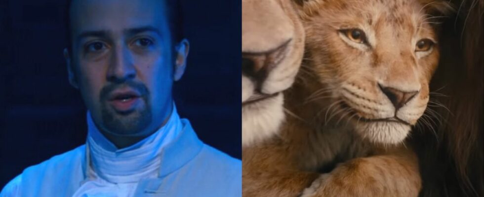 Lin-Manuel Miranda on stage in Hamilton and Mufasa trailer screenshot