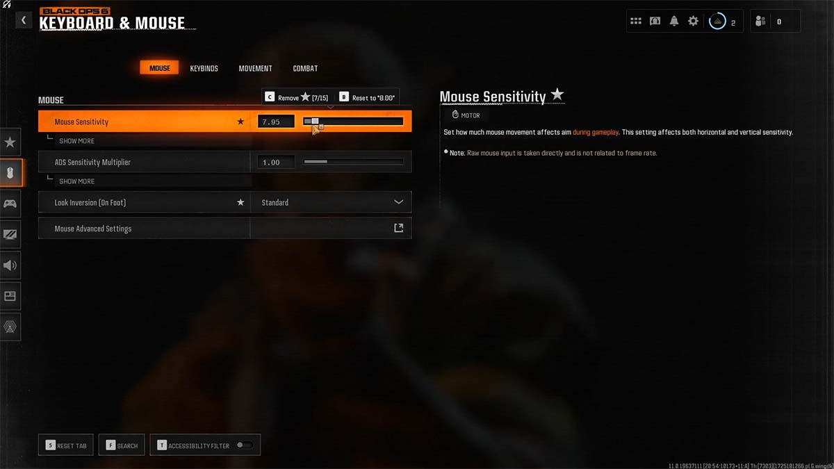 Image de l'écran des paramètres de la souris de Black Ops 6 sur fond noir