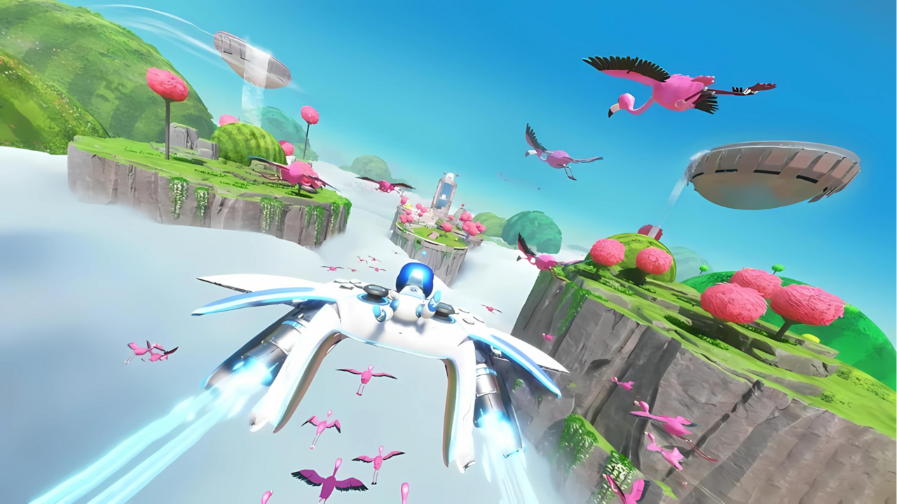 Astro Bot glisse dans les airs aux côtés des flamants roses.