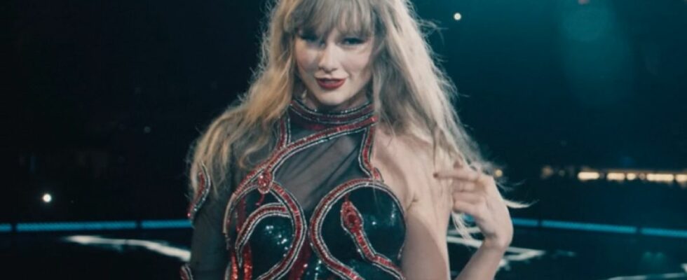 Taylor Swift looks into the camera while singing &quot;Delicate&quot; during the Reputation Era of her Eras Tour on the concert film Taylor Swift: The Eras Tour (Taylor's Version).