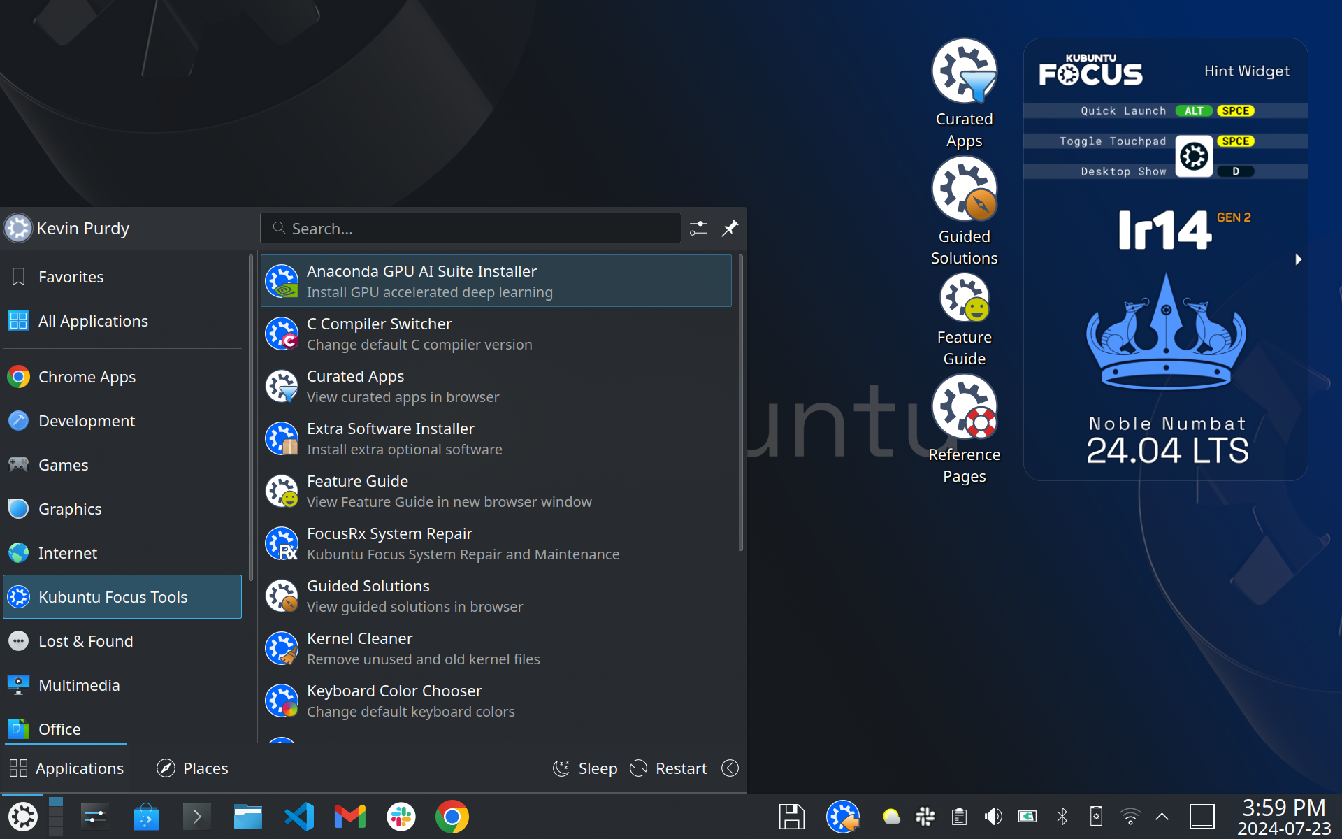 Le bureau Kubuntu Focus sur l'Ir14 Gen 2.