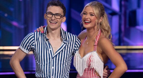 Stephen Nedoroscik and Rylee Arnold standing arm in arm and smiling on Dancing with the Stars.