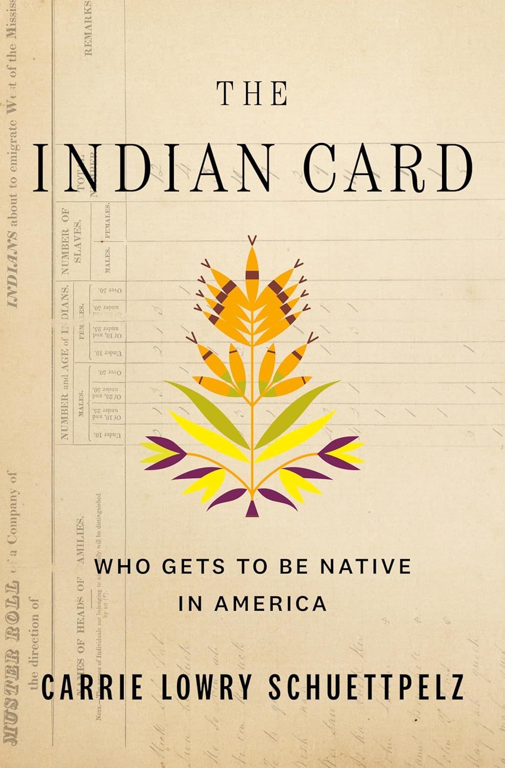 un graphique de la couverture de The Indian Card: Who Gets to Be Native in America par Carrie Lowry Schuettpelz