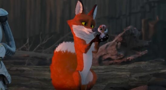 Fink the fox standing on his hind legs and holding Brightbill the gosling in his hands.