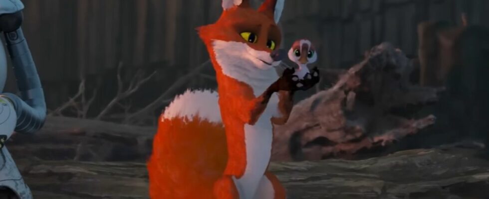 Fink the fox standing on his hind legs and holding Brightbill the gosling in his hands.