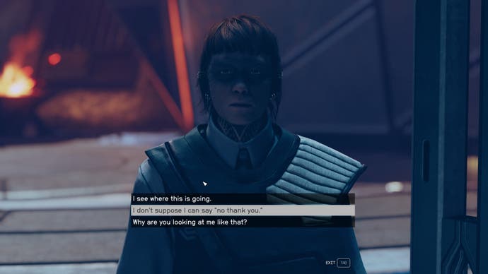 Une conversation avec trois options de dialogue dans l'extension Shattered Space de Starfield.