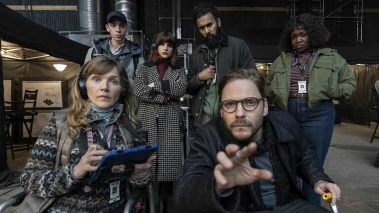 Jessica Hynes and Daniel Brühl are just some of the pictured A-list cast of The Franchise, playing the crew of a disastrous superhero movie under production and in danger of going off the rails in HBO's brand-new comedy